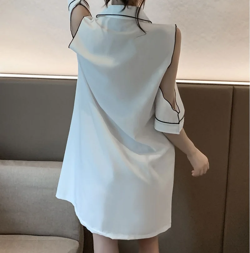 White Strapless Nightdress Women 2021 Half Sleeve Strapless Casual Sexy Rayon Thin White Cardigan Shirt Sleepdress Nightwear