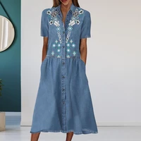 midi dress turn down collar shrink resistant relaxed fit retro printing patchwork denim dress office dress streetwear