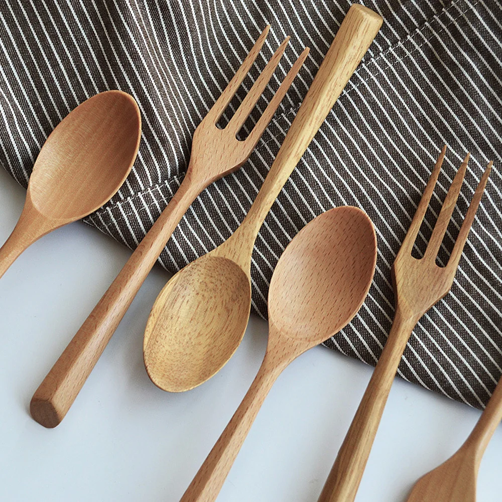 

Creative Natural Wooden Spoon Set Portable Eco-friendly Fork Tableware Cutlery Sets Travel Dinnerware Suit Simple Kitchen Tools