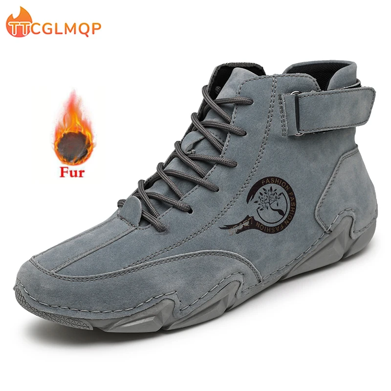 

Brand Winter Men's Boots Breathable Leather Plush Warm Fur Men's Snow Boots Outdoor Casual Ankle Motorcycle Boots Large Size