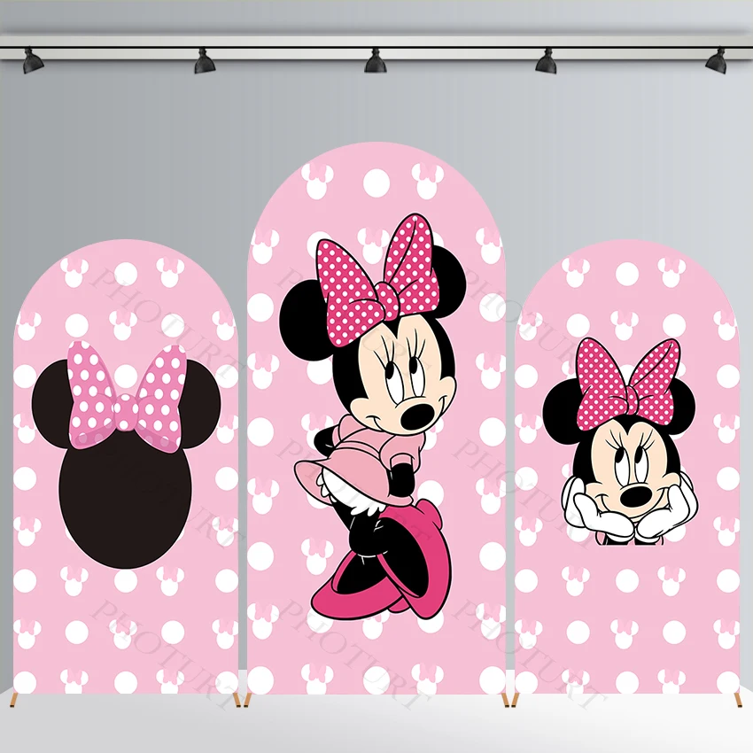 Arch Disney Minnie Mouse Background Girl Birthday Party Backdrop Pink Bow Double Side Polyester Banner Photography Props