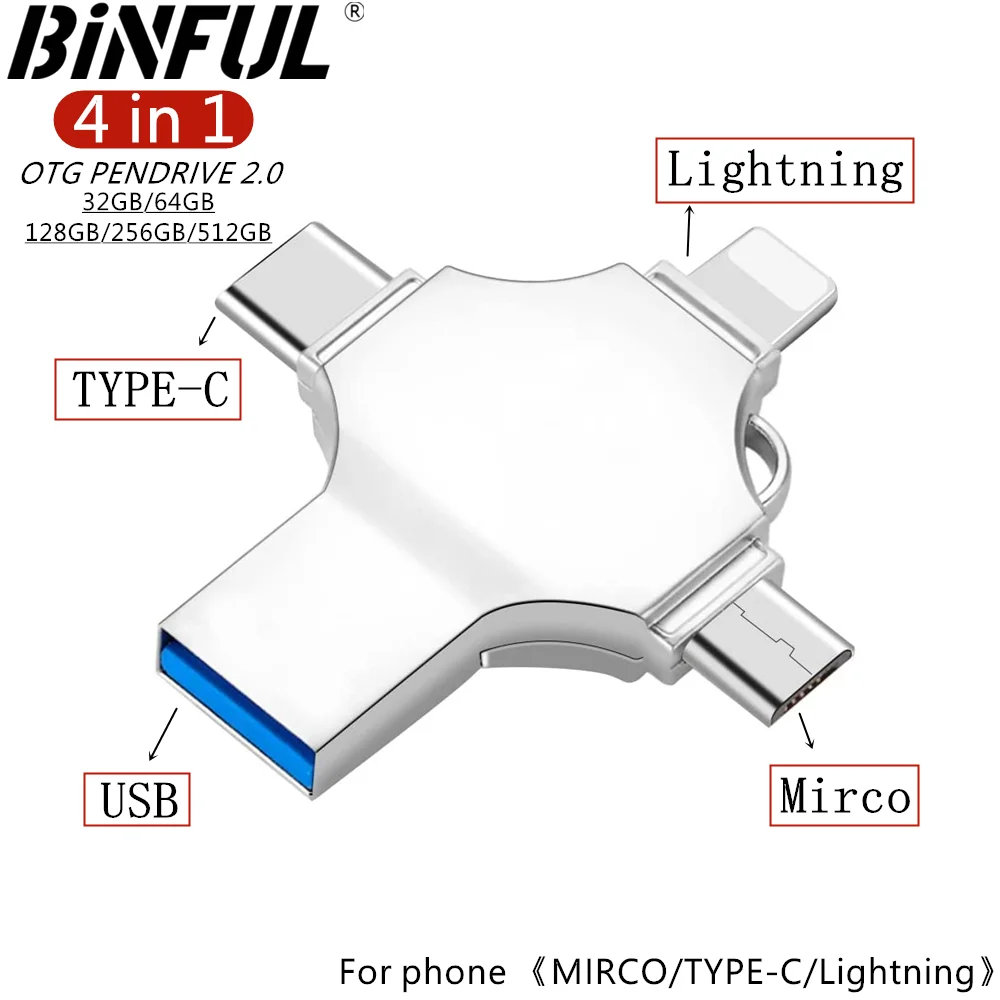 Binful 4in1 USB 3.0 Flash Drive 256GB 128GB 64GB 32GB Metal Pendrive for iphone  iPad iso Android OTG type c USB Memory stick