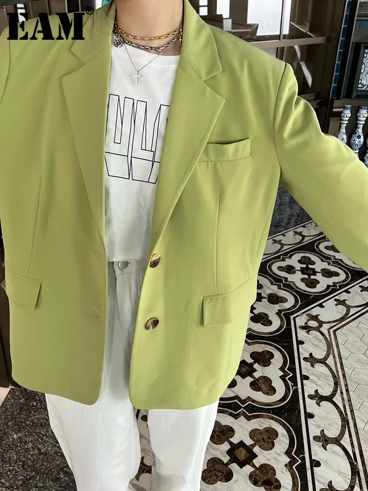 

[EAM] Women Green Causal Big Size Blazer New Lapel Long Sleeve Loose Fit Jacket Fashion Tide Spring Autumn 2022 1DE7756