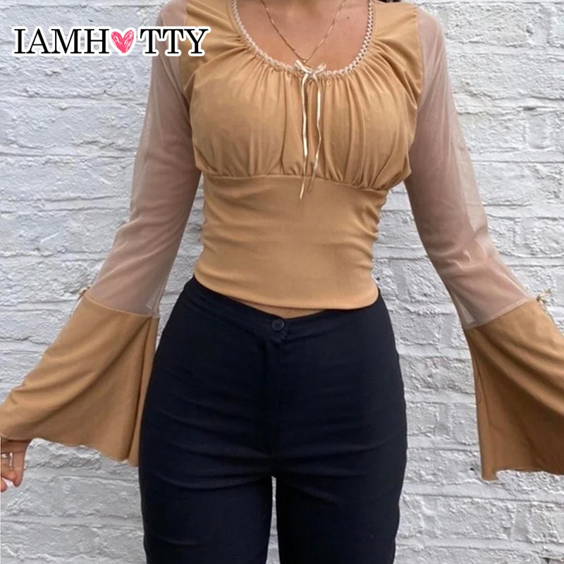 

IAMHOTTY French Style Contrast Color Mesh Patchwork Cropped Top Khaki Black Chic Elegant Slim T-shirt Y2K Aesthetic Pullovers