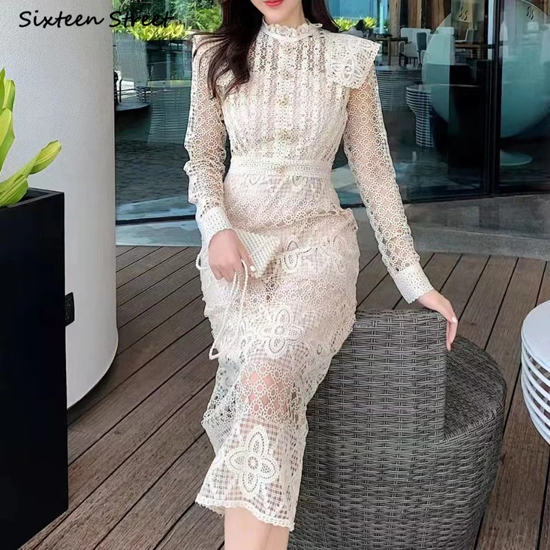 

Runway Apricot Lace Dress Women Long-sleeve Hollow Out Elegant Party Vestido Women Clothing A-line Vintage Bodycon Dresses 2023