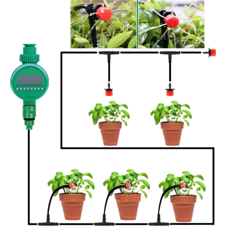 25m Timer Set With Adjustable Dripper DIY Micro Drip Irrigation System Plant Self Garden Hose Kits Garden Irrigation Sprinklers