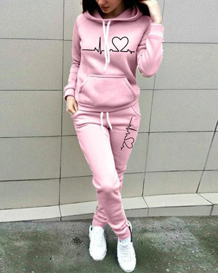 

Two Piece Sets Womens Outifits 2022 Autumn Fashion Heart Print Drawstring Hoodie Long Sleeve Top & Casual Long Sweatpants Set