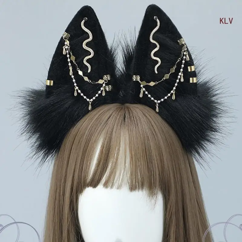 

Anime Theme Gatherings Foxes Ear Headband with Alloy Earring Movie Enthusiasts Plush Cat Headband for Teenagers Adult