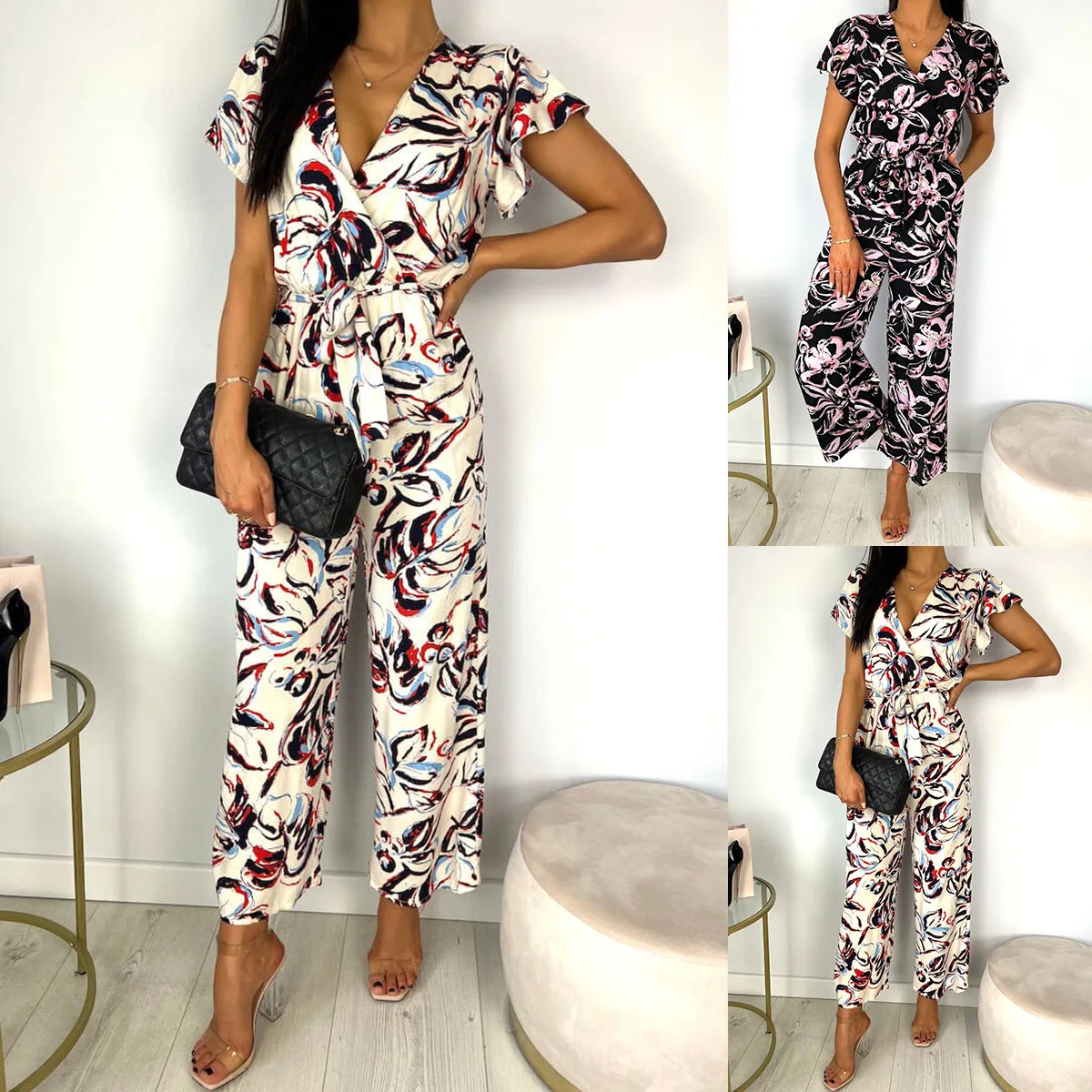

Monos Mujer Combinations Woman Jumpsuits Elegant Summer 2022 V-Neck Sleeveless Ruffle Print Jumpsuit S-XXL