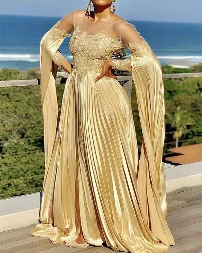 PLEINDI Luxury Evening Dresses O-Neck A-LINE Long Sleeves Floor-Length Chiffon 2022 New of Ruched Exquisite Prom Women Dress