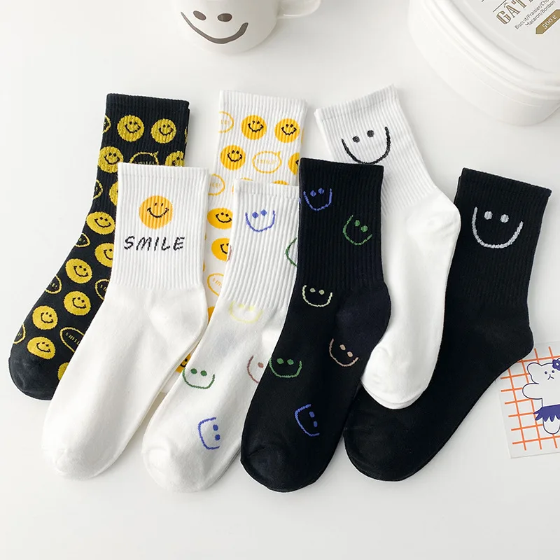 

Smiley Socks Women's Tube Socks Spring Summer Autumn Cute Japanese Cotton Socks Hip-hop Street Black And White Short Crew Socks