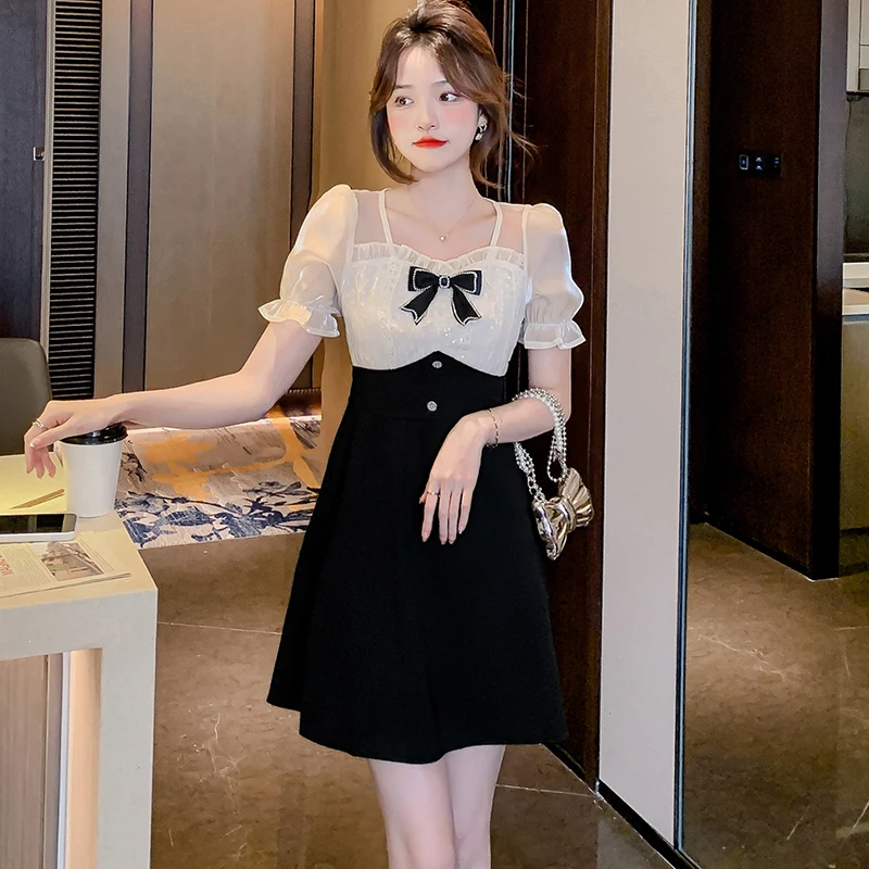 

Summer Black Patchwork Mesh Puff Sleeve Chic Bow Y2k Sexy Mini Dress Fashion 2022 Korean Vintage Women Elegant Party Prom Dress