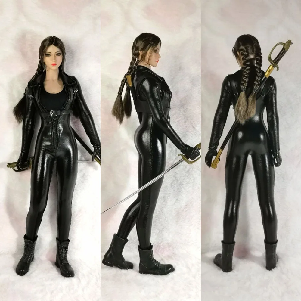 

In Stock 1/6 Scale Girl's Motorcycle Jumpsuit Special Agent Leather Bodysuit for 12" Female Soldier Action Figure Model Clothes