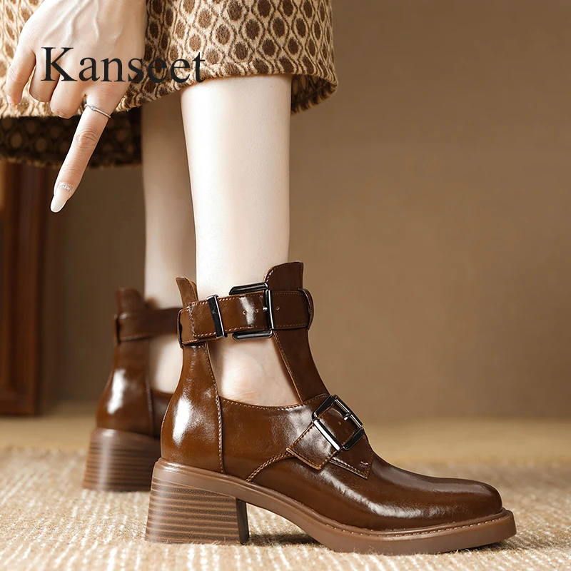 

Женские ботильоны Kanseet коллекции Лето-Осень 2023, модные ботинки из натуральной кожи с ремешком и пряжкой, женские короткие ботинки с квадратным носком на среднем каблуке