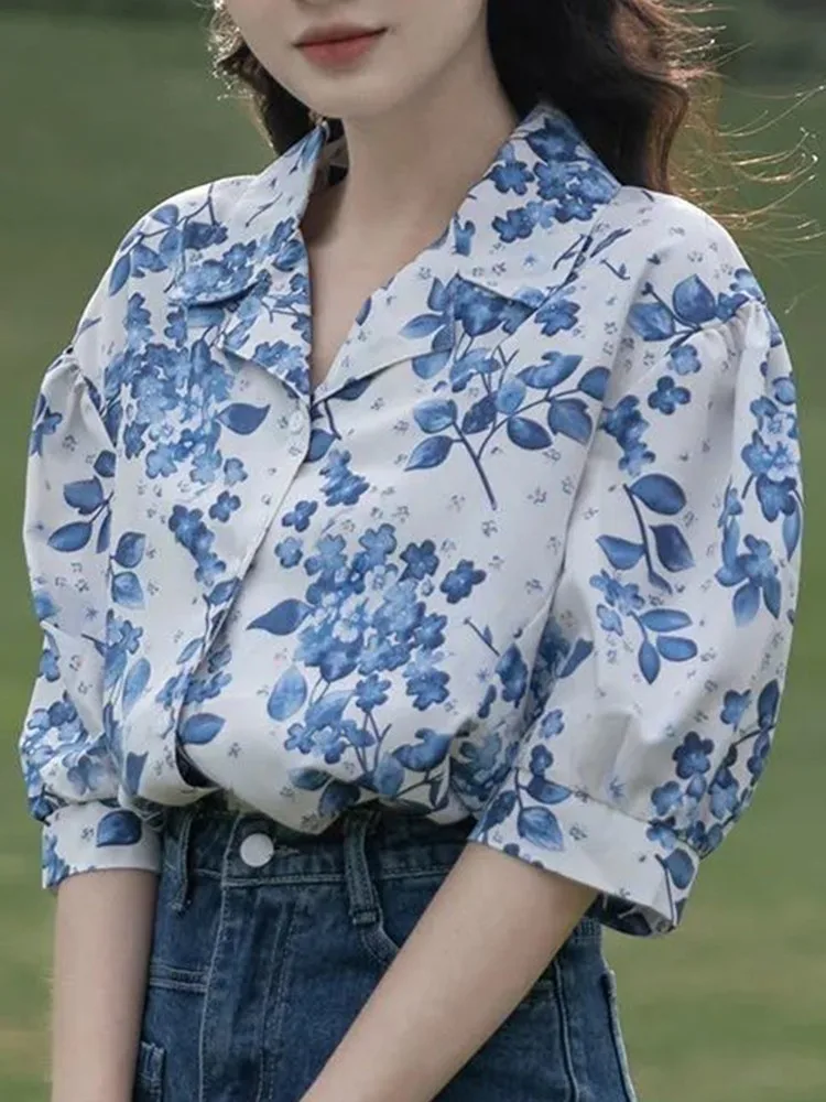 

Fashion Blue Floral Printed Shirts Female 2022 Summer New Arrival All-matched Casual Women Tops Elegant Lady Blouse S-2XL P009