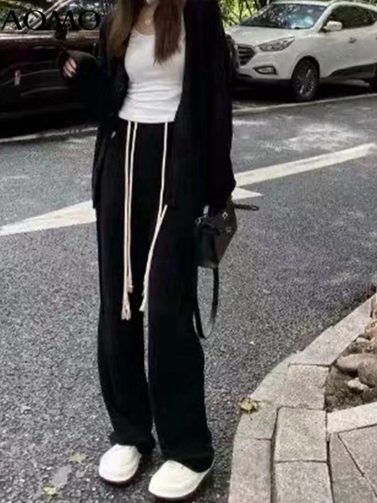 

AOMO 2022 Women Green Wide Leg Pants Cargo Strethy Waist Pants Trousers Joggers Female Sweatpants 4P48A