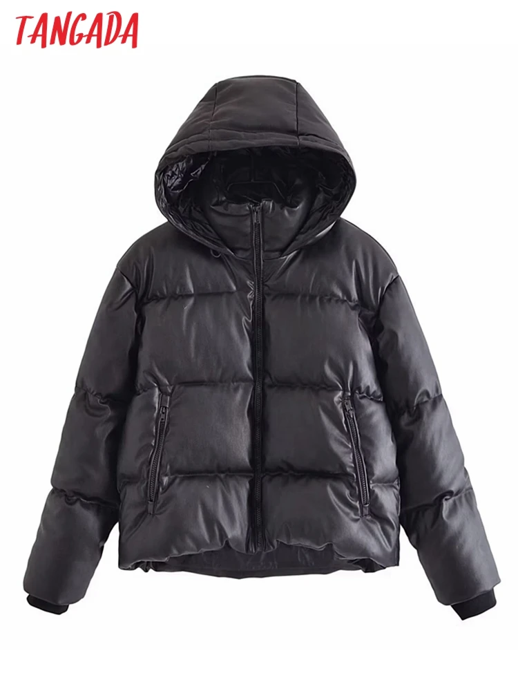 Tangada Women Black Thick Faux Leather Warm Hood Parkas Zipper Thick 2022 Winter Elegant Coat QN172