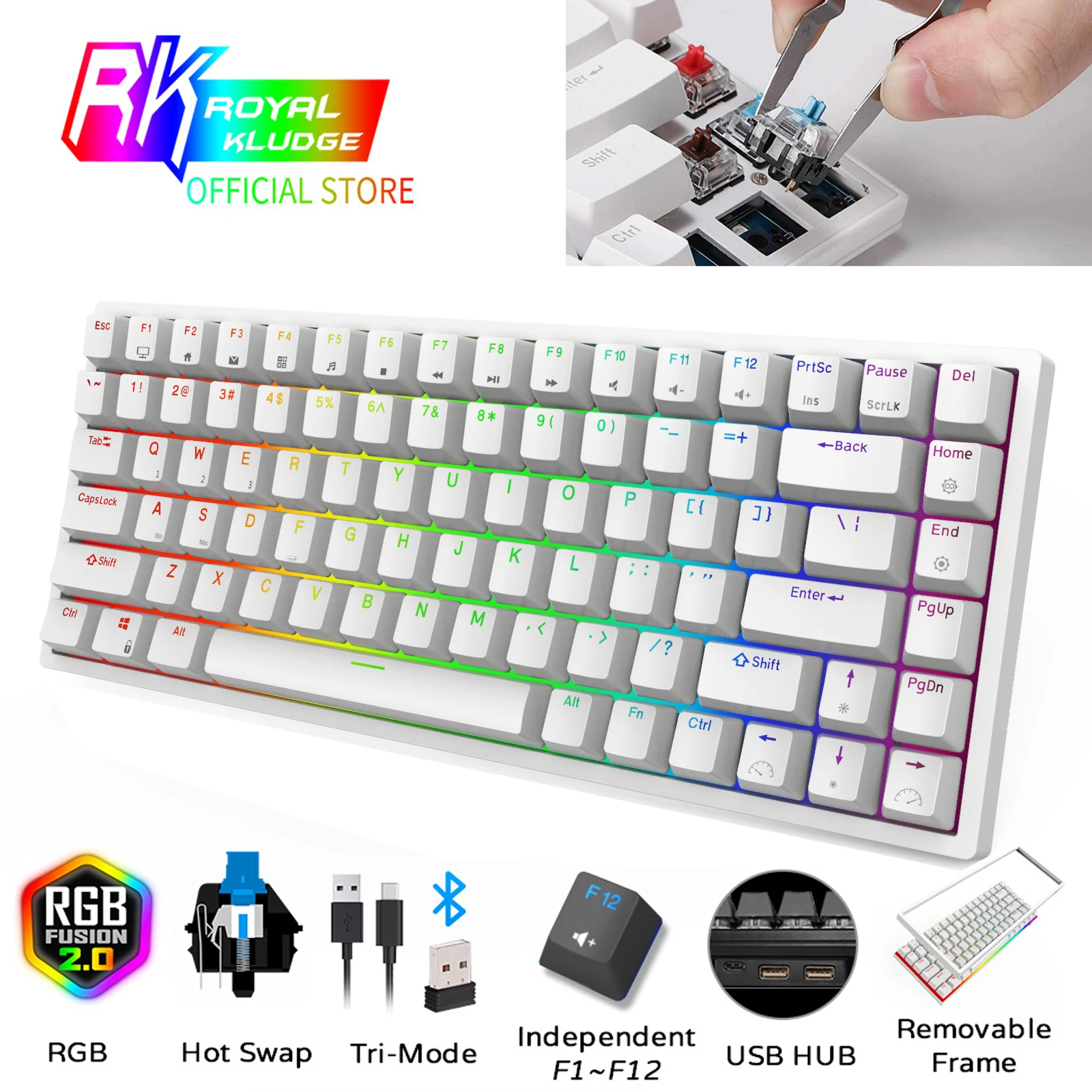 Механическая клавиатура Royal Kludge RK84/RKG68 с тремя режимами, Беспроводная Bluetooth RGB клавиатура с подсветкой BT5.0/2,4G/Проводная клавиатура с функцией горячей замены