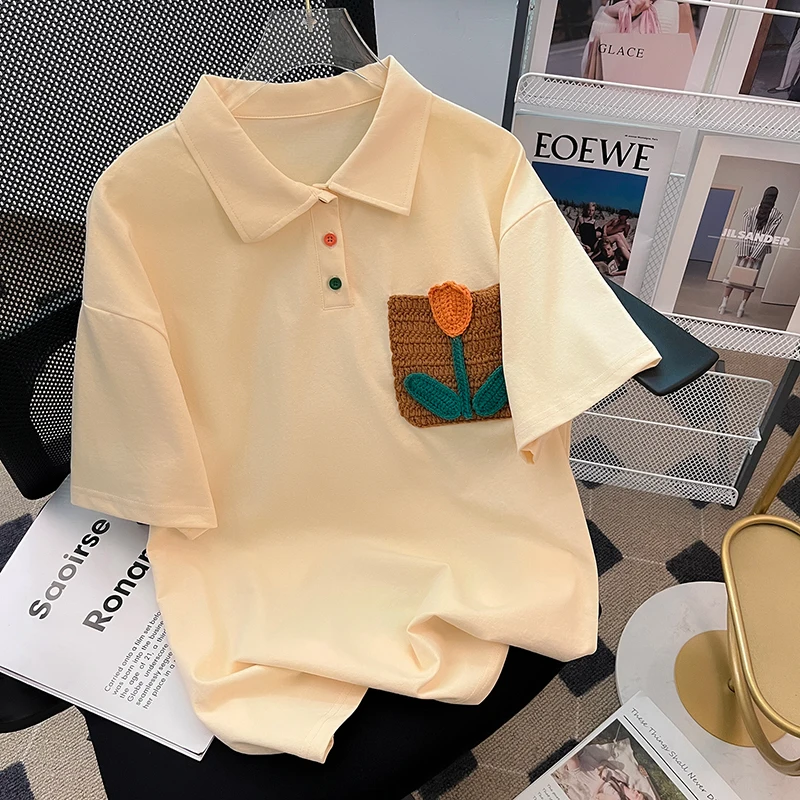 

Women's Braid Tulip Summer Polo T-shirt Kawaii Cute Polo Top Femmes Chic Design Preppy Style Yellow Short Sleeve Tees