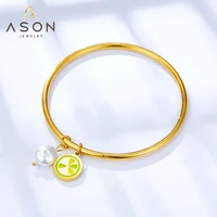 asonsteel gold color stainless steel mixed color lemon pattern irregular white pearl accessories bracelet bangle for women daily