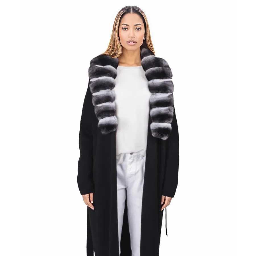Пальто из натуральной шерсти с воротником лацканами меха кролика рекс черное