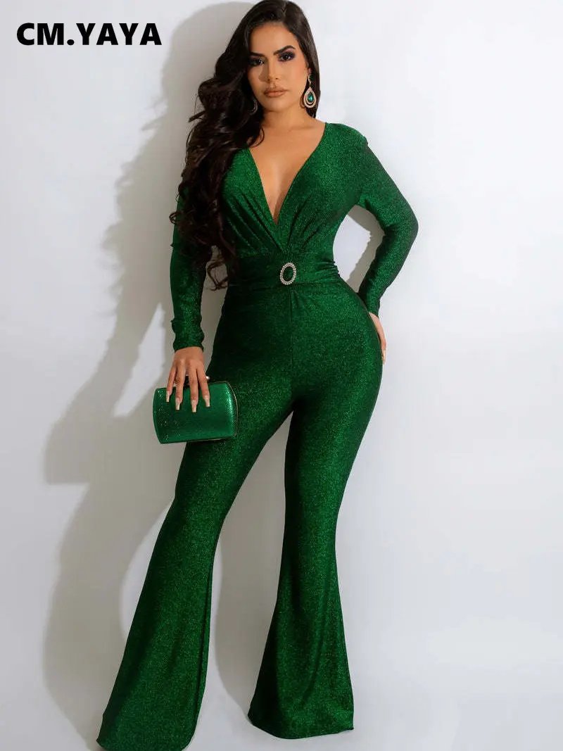 

CM.YAYA Fashion Women Deep V-neck Long Sleeve Wide Leg Flare Bodycon Jumpsuit Streetwear INS Sexy Party One Piece Suit Playsuit