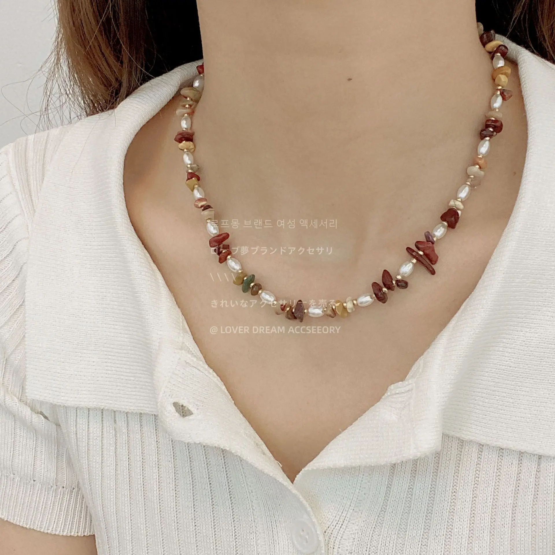

New Coffee Color Stone Beaded Pearl Necklace Women's All-match Retro Style Collarbone Chain Necklaces