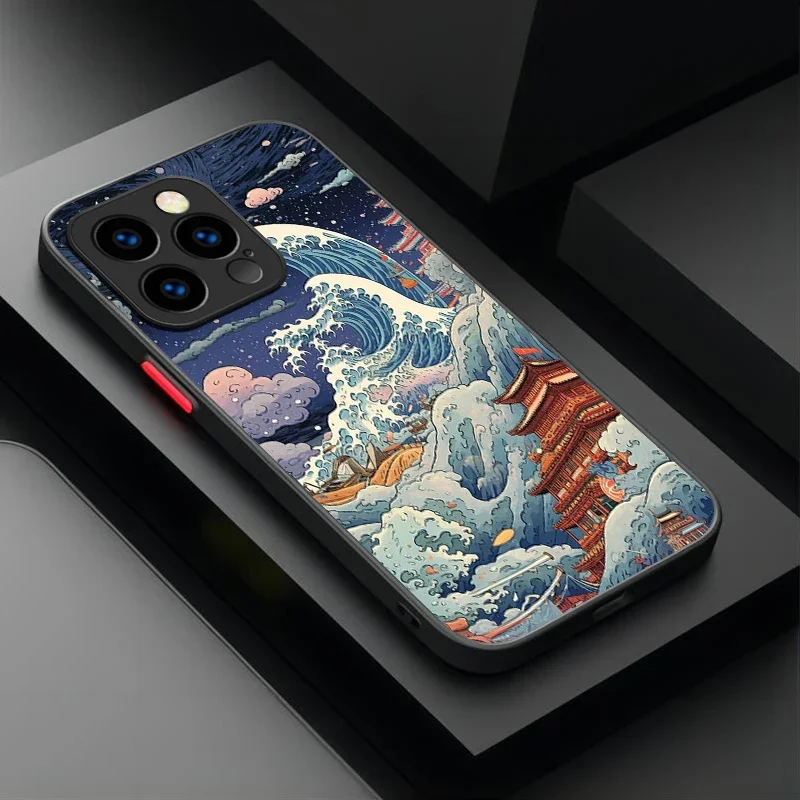 Фото Чехол для iPhone 16, 15, 14, 13, 12, 11 Pro Max X XR XS 7 8 Plus SE 2020, японский Ukiyo-e Samurai Sea Wave, жесткий матовый противоударный чехол №4