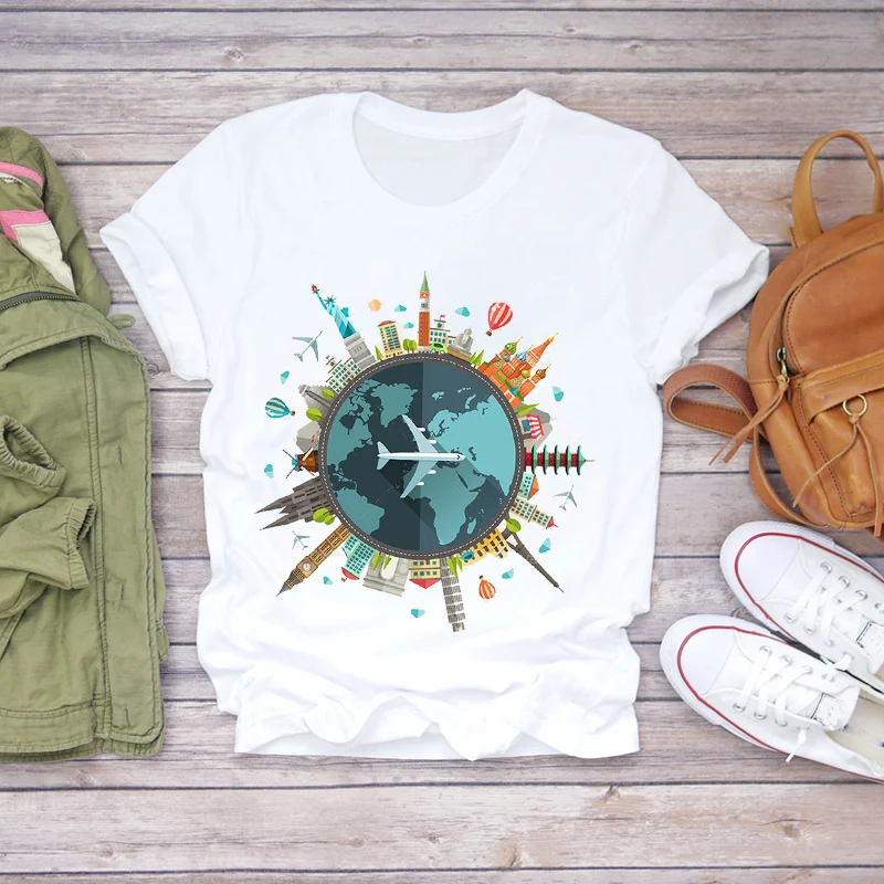 

Women 2021 Summer Short Sleeve Print Travel World Fashion Lady T-shirts Top T Shirt Ladies Womens Graphic Travel Tee T-Shirt