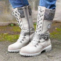 womenboots medium and high tube wool stitching wool boots solid color pu round shape slope heel waterproof and nonslip keep warm