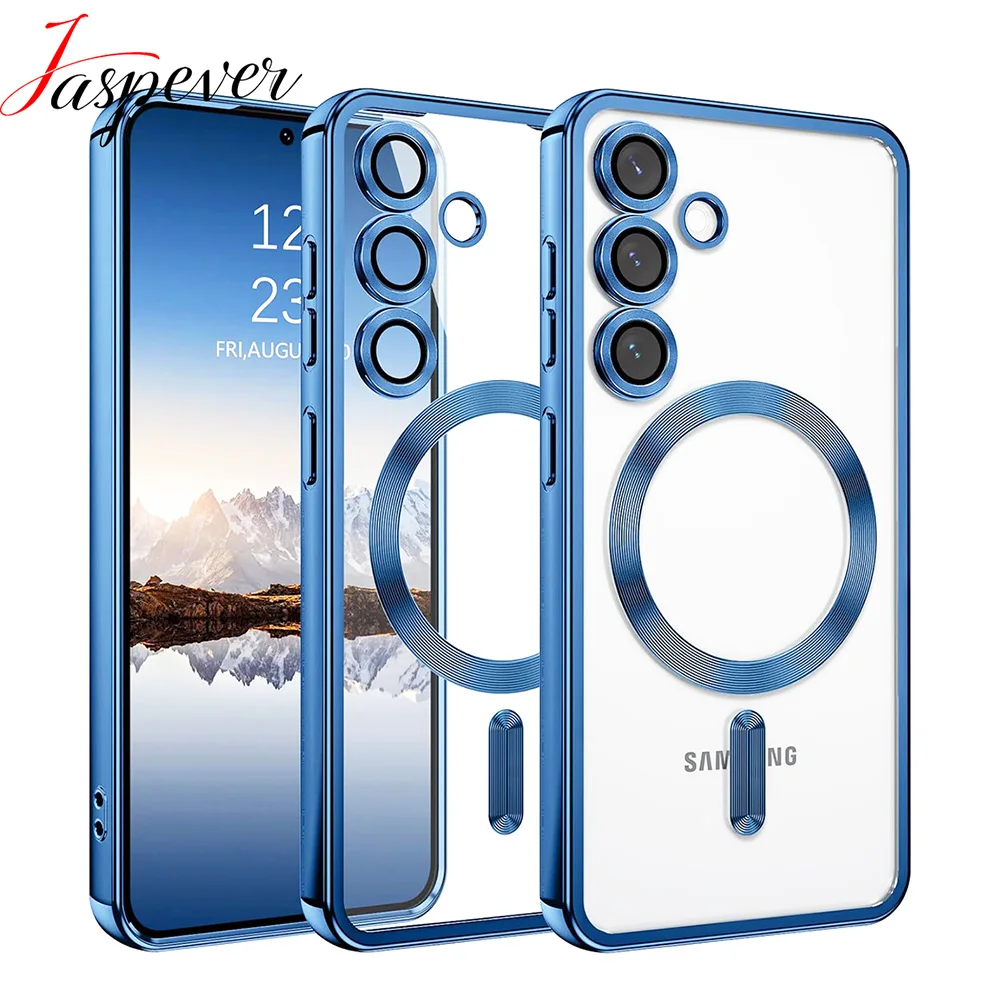 Фото Роскошный магнитный чехол Magsafe для Samsung Galaxy S25 Edge S24 S23 S21 FE Plus с ультра блестящим покрытием, силиконовый чехол, прозрачный мягкий №1
