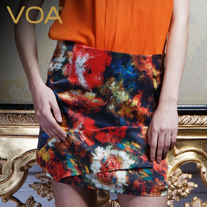 

(Clearance Sale) VOA Silk Printing Elastic Satin Side Zipper Asymmetric Splice Smooth Skincare Versatile Short Skirt Women C308