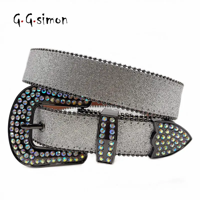 GGSIMON Western Rhinestone Belts Luxury Adult Crystal Buckle Bling Strap Diamond Studded Belt for Jean Cinturones Para Hombre