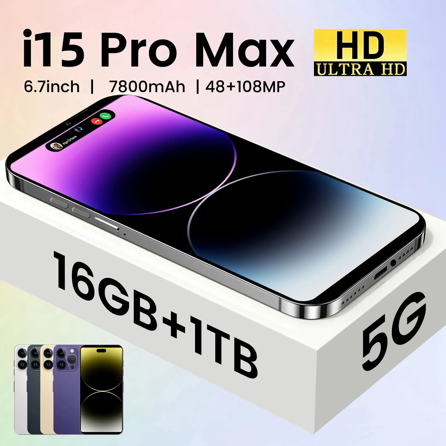 

I15 Pro Max Fingerprint Unlocking Smartphone 6.7-inch Full Screen Face Recognition 4G/5G Phone 7800mAh Global Edition 2023 Phone
