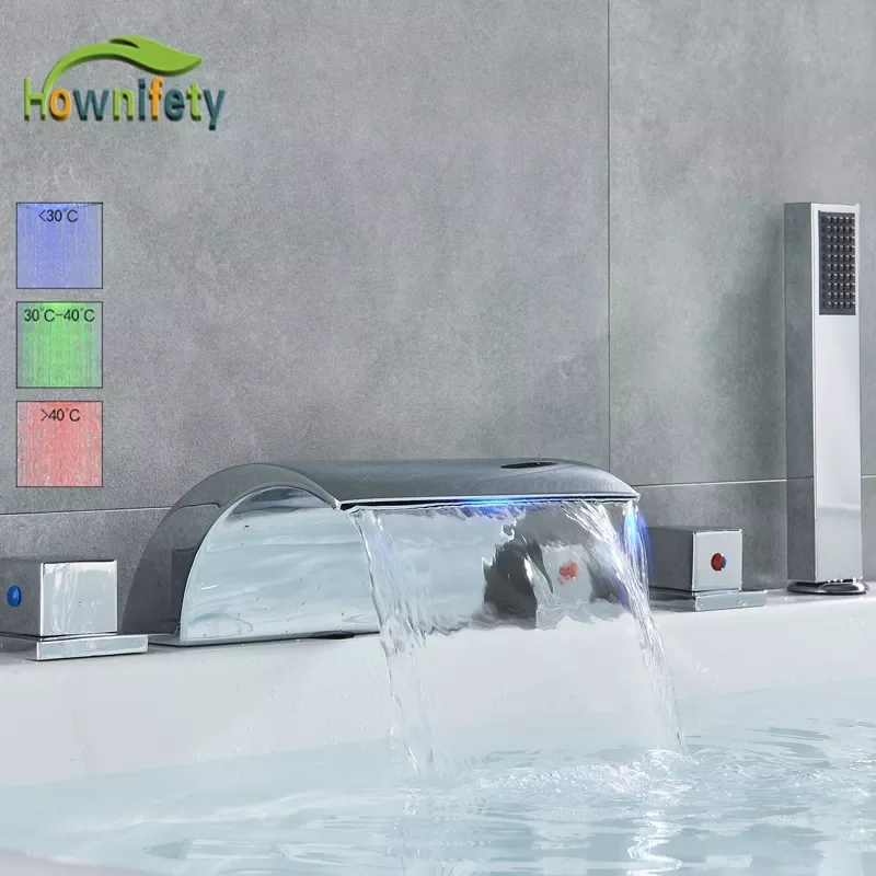 

Chrome Polished Bathroom Sink Faucet LED Hot and Cold Mixer Tap ABS Plastic Hand Shower Black Waterfall Spout