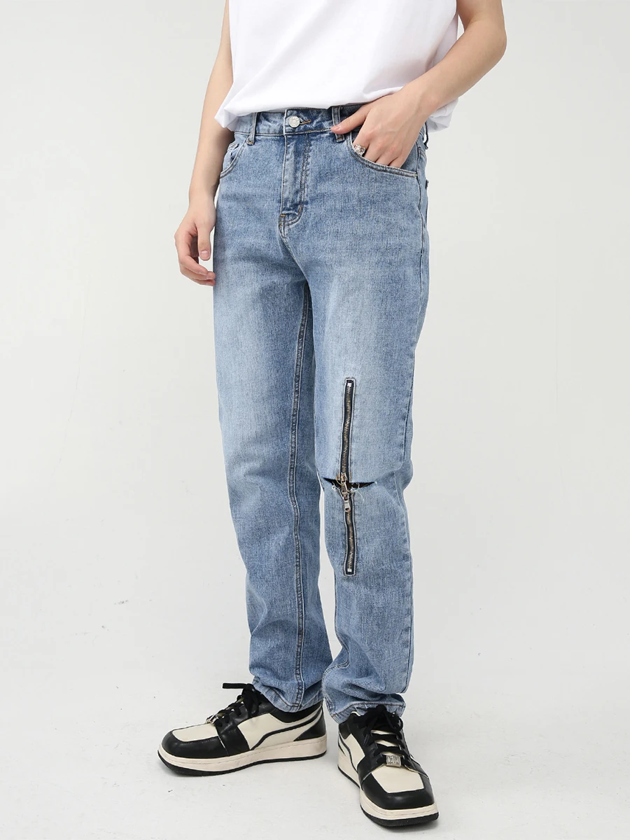 Four Seasons Men's Jeans Korean Knee Ripped Zipper Slim Solid Designer Jeans Fashion Streetwear Men's ins Hot Sale pants men