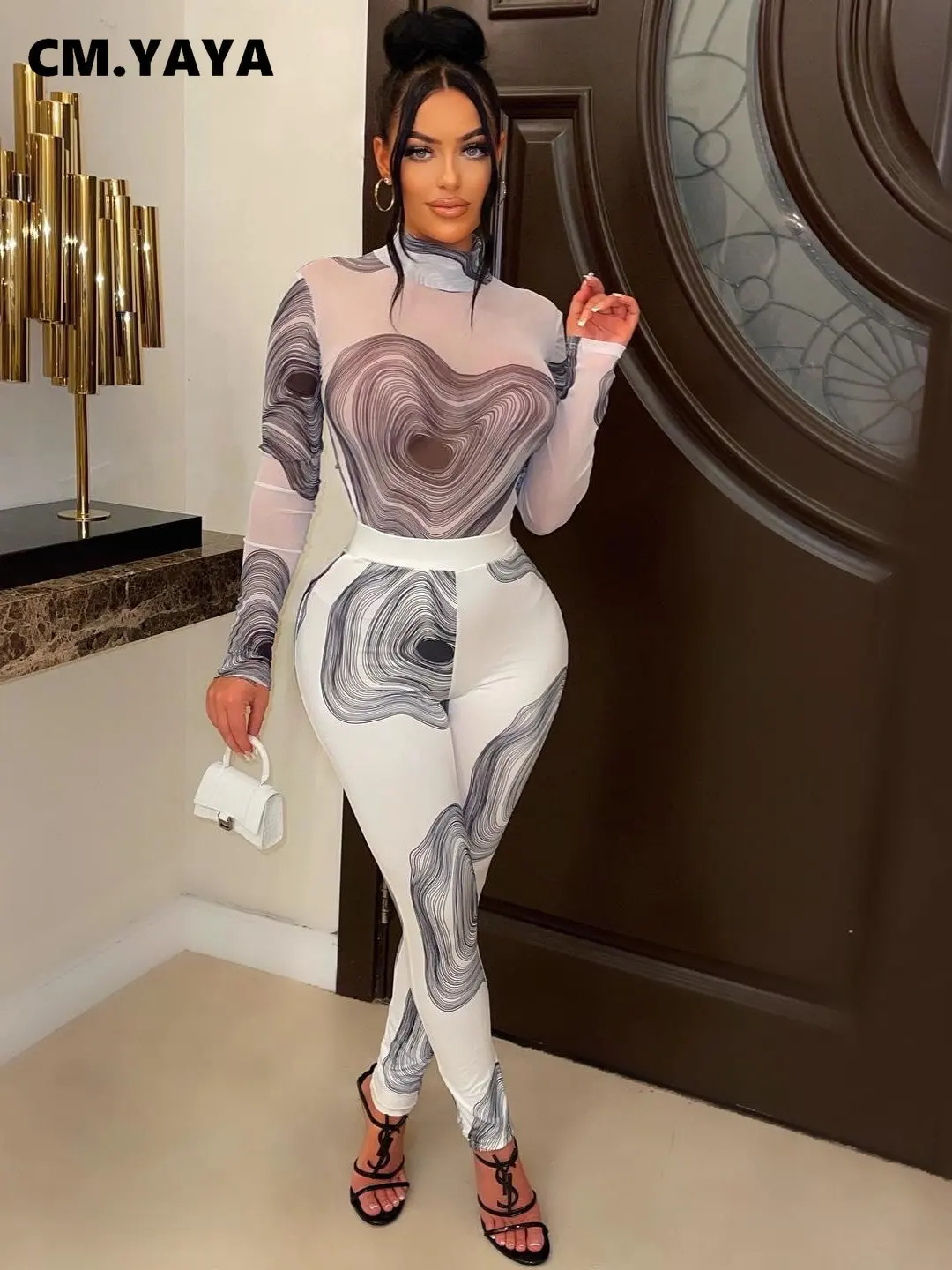 

Модный женский сетчатый прозрачный костюм CM.YAYA из футболки с длинным рукавом и леггинсов, комплект из двух предметов, пикантный спортивный ...