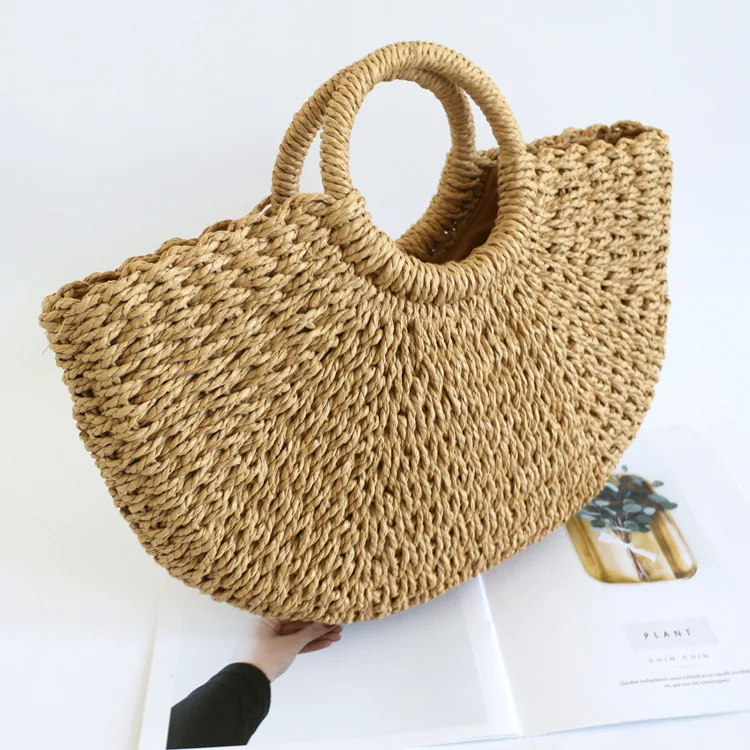 Celela Summer Large Capacity Straw Shoulder Bag Rattan Beach Bags Bohemian Summer Vacation Casual Bags Moon Shaped Top Handle