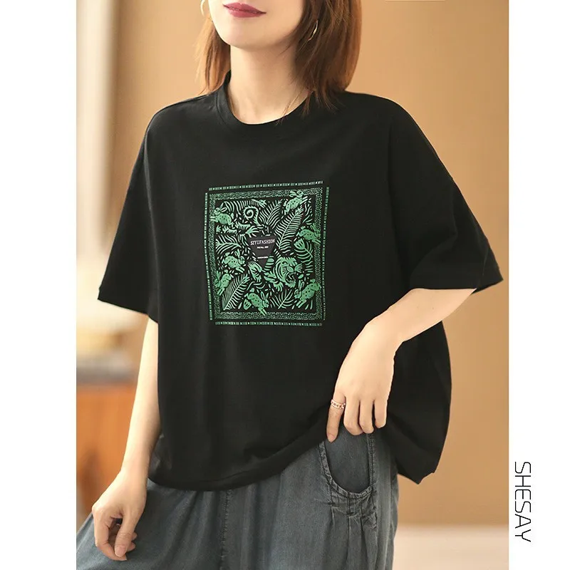 

All-Match Short Sleeve Women Tshirt Summer Triangle Patch Tshirt Literary Geometric Print Female Top Vintage Loose Tee