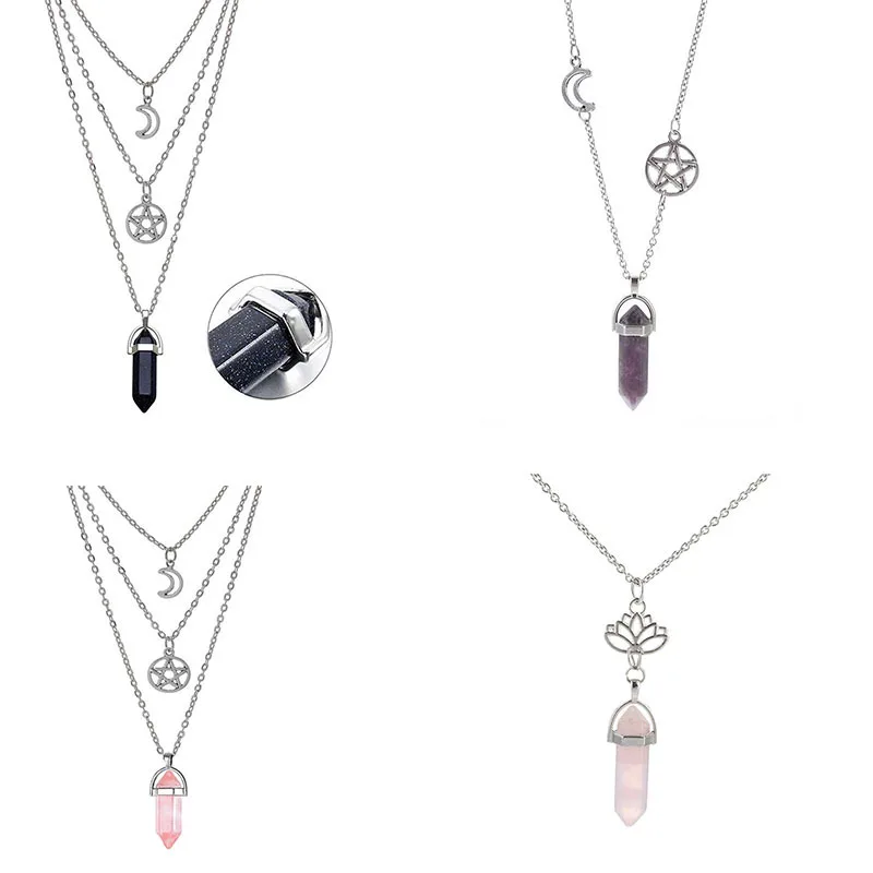 

Hexagonal Column Agate Pendant Necklace Hollow Moon Women's Multi-layered Necklace Pentagram Multi-layered Necklace