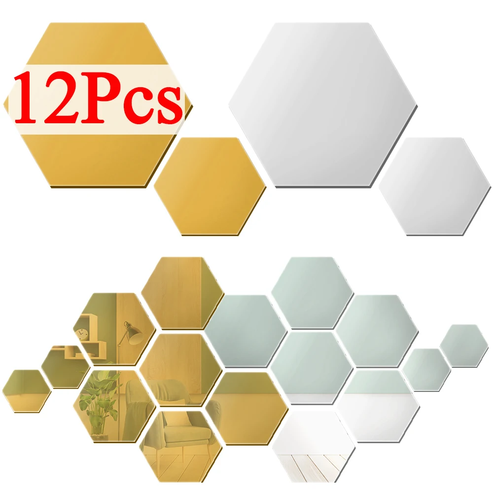 

12Pcs 3D Hexagon Acrylic Mirror Wall Stickers Home Decor DIY Self-adhesive Mirror Decal Removable Room Decal Home Art Ornament