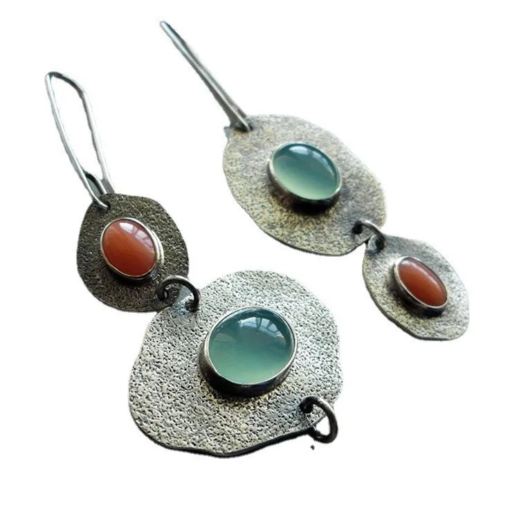 2023New Bohemian Mintcream Chalcedony Artificial Coral Earrings Asymmetric Vintage Thai Silver Earrings Earrings