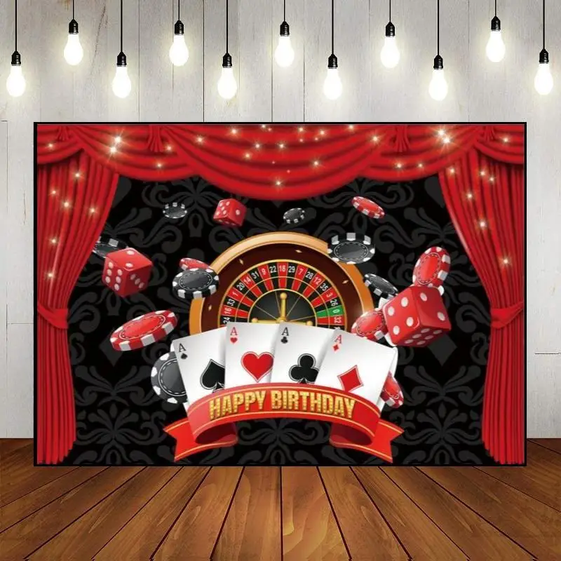 Casino Party Photography Backdrop Red Black Cards Interior Stars Lights Live Show Happy Birthday Customized Photo Banner Decor