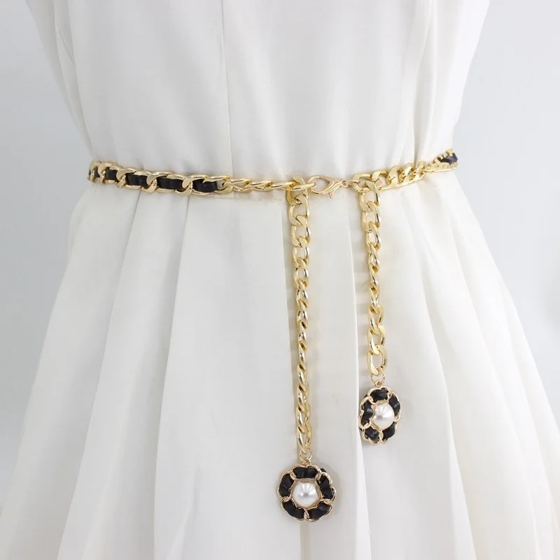110cm Summer Metal Wearing Waist Chain Ladies with Dress Shirt Decoration Versatile Alloy Belt Flower Pearl Pendant Chain Belt