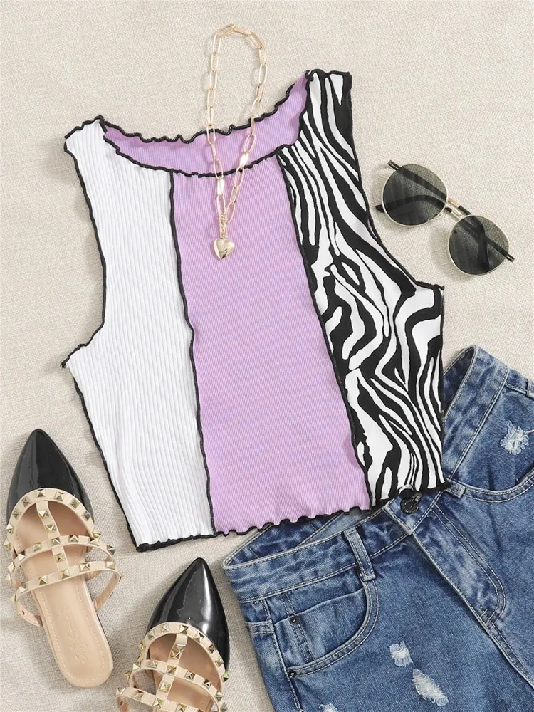 

Camiseta Tirantes Mujer Women's Purple Y2K Zebra Stripe Printed Vest Top Summer Lettuce Trim Sleeveless Crop Tank Top Streetwear