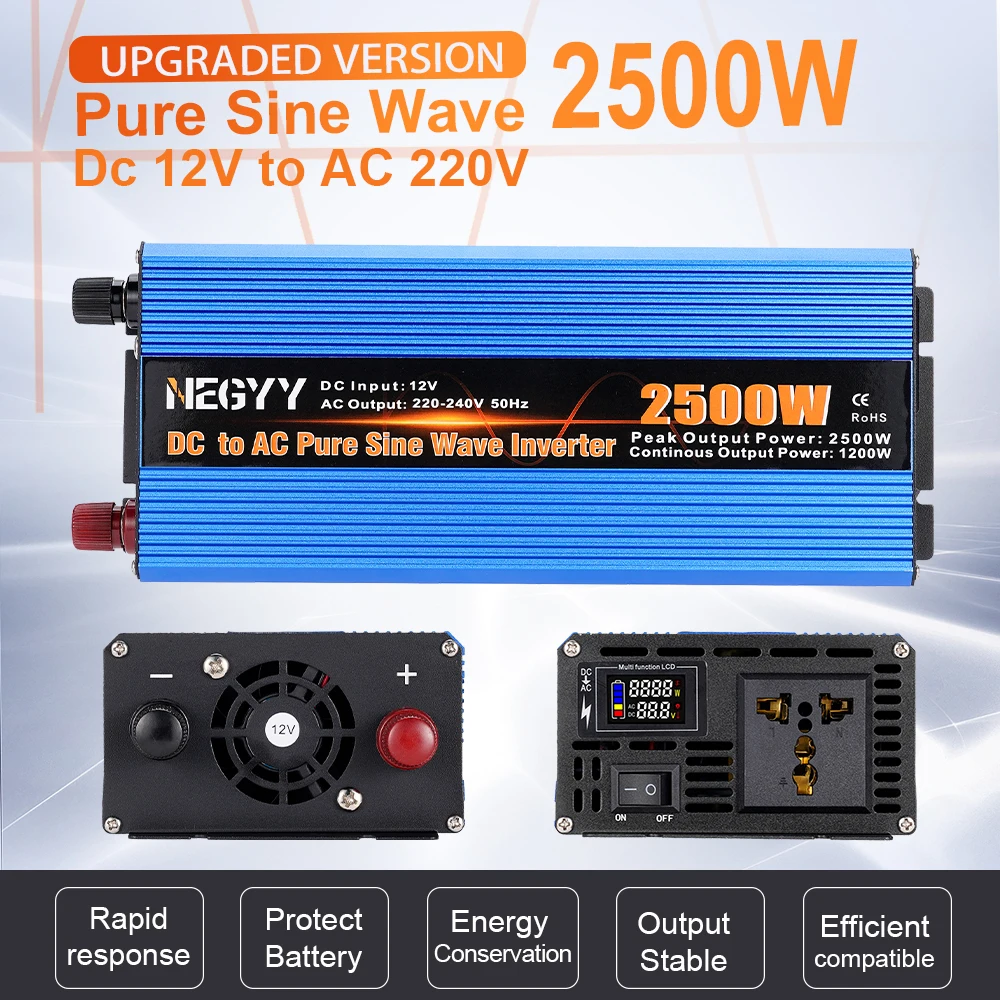 

1200W/1600W/2000W/2500W Pure Sine Wave Inverter Alloy Car Chargement DC To AC Voltage Transformer Converter For Cell Phone