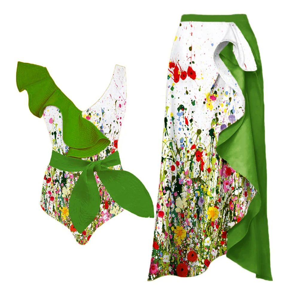 

Colorful Flower Print V-Neck Strap Swimsuit Lotus Leaf Elegant One Piece Bikini Fashion Split Harttail Dress Beachwear Women