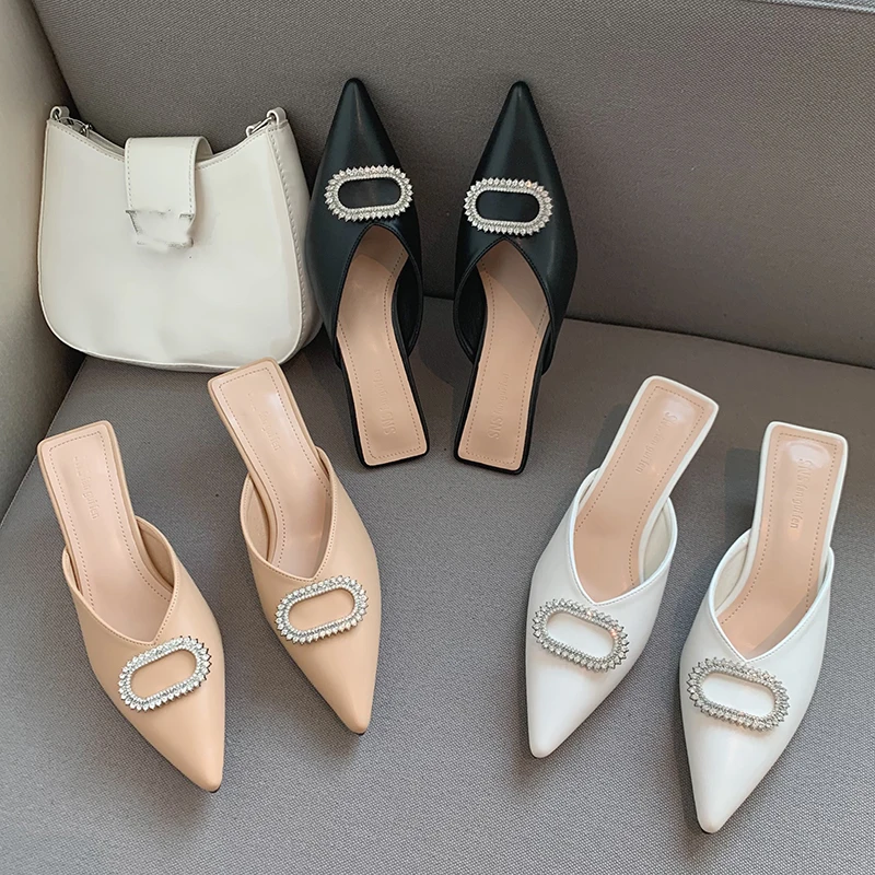 

Rhinestones Shallow Women Med Heels Sandals Mules Pointed Toe Crystal Female Slides Casual Outdoor Ladies Pumps Shoes Slippers