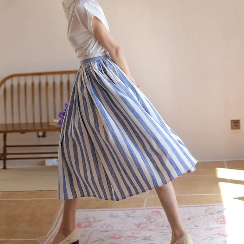 French retro cotton and linen striped skirt women's 2022 new high waist large swing umbrella skirt high-end sense