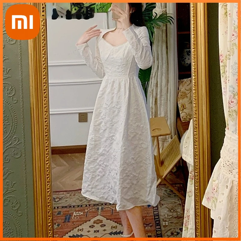 

Xiaomi Vintage White Dress Women Design Elegant Midi Dress Party Lady Casual Sweet Retro One Piece Dress Korean Fashion Autumn